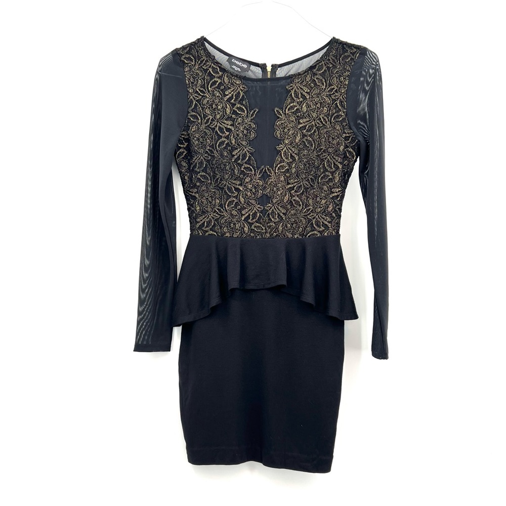 Bebe Black Evening Cocktail Date Dress with Gold Lace and Long Sleeves